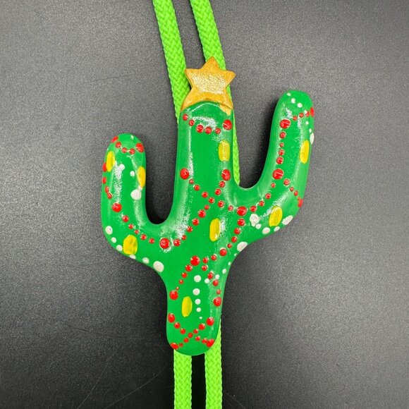 Handmade Christmas Cactus Bolo Tie Wooden Hand Painted Kitschy Ugly Western - Picture 4 of 7